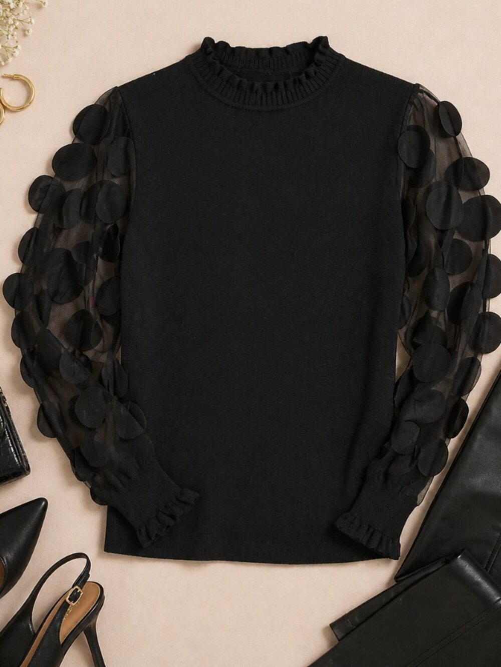 Black Statement Top Sheer Polka Dot Mesh Sleeve Ruffle Chic Blouse L Sioni